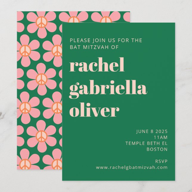Retro Hippie Peace Blume Green Pink Bat Mitzvah Einladung (Vorne/Hinten)