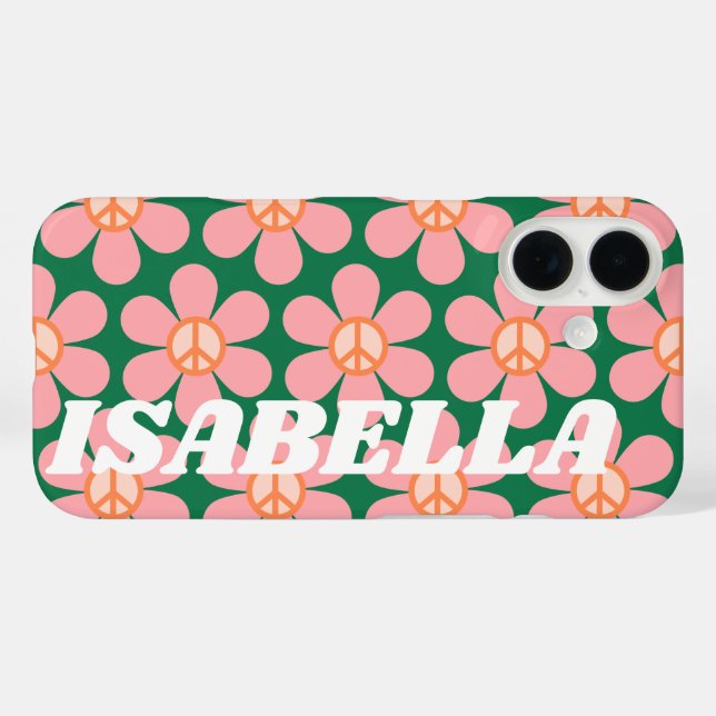 Retro Hippie Peace Blume Grüner Personalisierter N iPhone 16 Hülle (Rückseite (Horizontal))