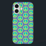 Retro Hippie Peace Sign Muster in Blau iPhone 16 Hülle<br><div class="desc">Retro Hippie Peace Sign Muster in Blue Phone Case</div>