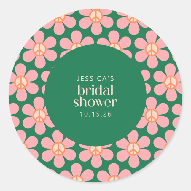 Retro Hippie Peace Signature Blume Grün rosa Dusch Runder Aufkleber (Vorderseite)