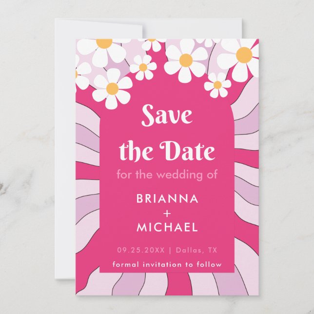 Retro Hippie Pink Arch Daisy Groovy Seventies 70er Save The Date (Vorderseite)