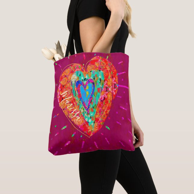 Retro Hippie Pink Türkis Herzname Tasche (Von Nahem)