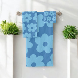 Retro Hippie Preppy Blue Blume Y2K Muster Badhandtuch Set