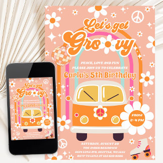 Retro Hippie Rainbow Let's Get Groovy 5th Birthday Einladung