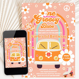 Retro Hippie Rainbow One Groovy Babe 1st Birthday Einladung