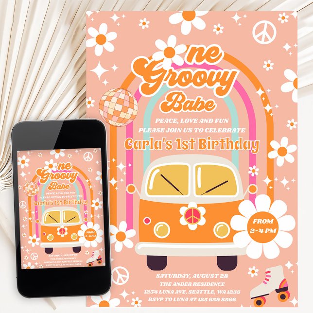 Retro Hippie Rainbow One Groovy Babe 1st Birthday Einladung (Von Creator hochgeladen)