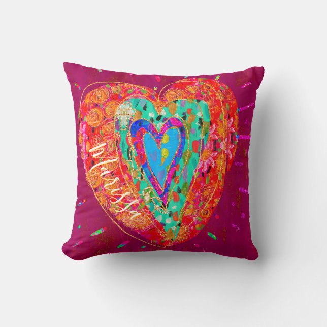 Retro Hippie Red Pink Watercolor Herzname Kissen (Vorderseite)