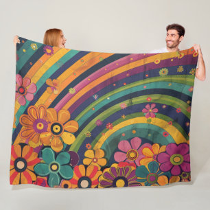 Retro Hippie: Regenbogen und Blume Fleecedecke