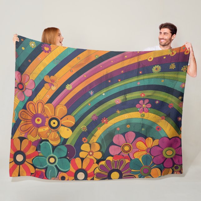 Retro Hippie: Regenbogen und Blume Fleecedecke (Beispiel)