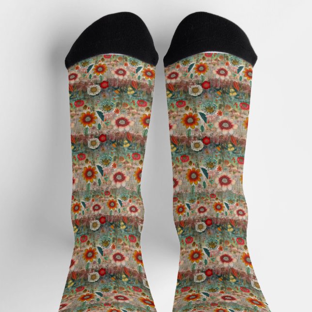 Retro Hippie: Rote Blumengartensocken Socken (Oben)