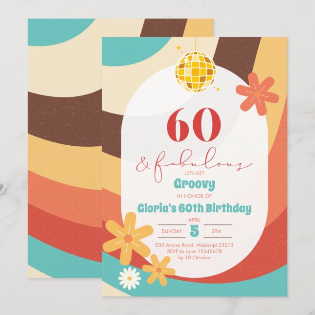 Retro Hippie Sixty und fabelhafte Einladung (Vorne/Hinten)
