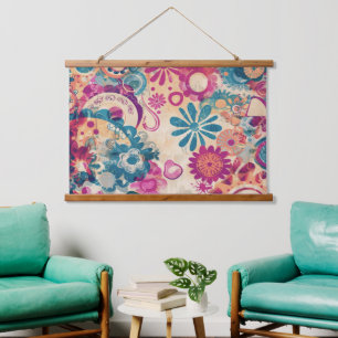 Retro Hippie: Wilde Blume hängen Wandteppich Mit Holzrahmen