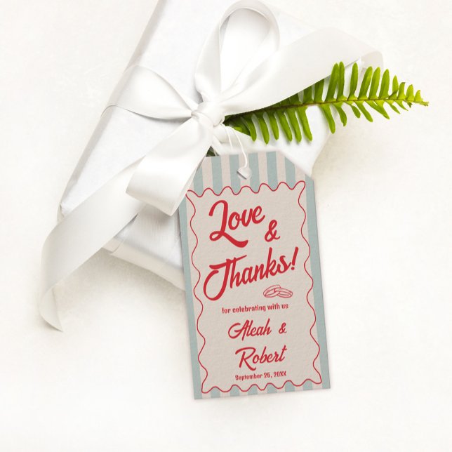 Retro-Hochzeit mit roter Schrift und blauen Streif Geschenkanhänger (Von Creator hochgeladen)