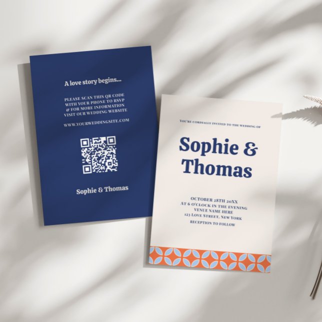Retro-Hochzeit Mitte des Jahrhunderts Einladung (Mid Century Modern Wedding Invitation Orange and Blue)