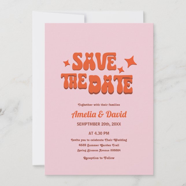 Retro-Hochzeitseinladung in rosa, orange Einladung (Vorderseite)