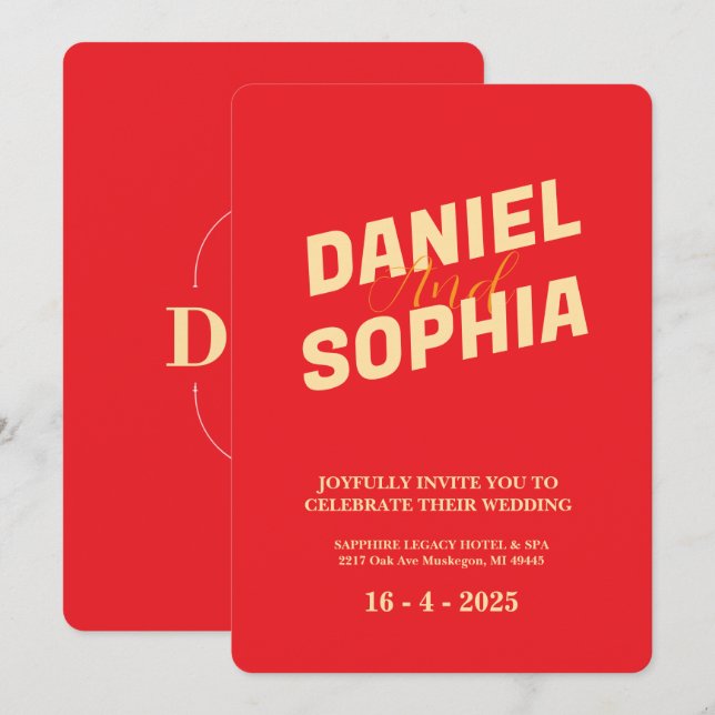 Retro Hochzeitskarte Rot Einladung (Vorne/Hinten)