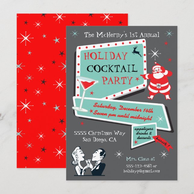 Retro Holiday Cocktail party Invitations (Devant / Derrière)