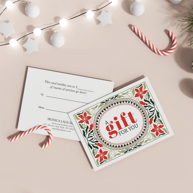 RETRO HOLIDAY GREEN RED BLUME FRAME CHRISTMAS ("Intricate Victorian-Style Green & Red Floral Gift Card: Timeless Gifting Charm)