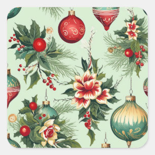 Retro Holiday Ornamente und Blume Weihnachten Quadratischer Aufkleber