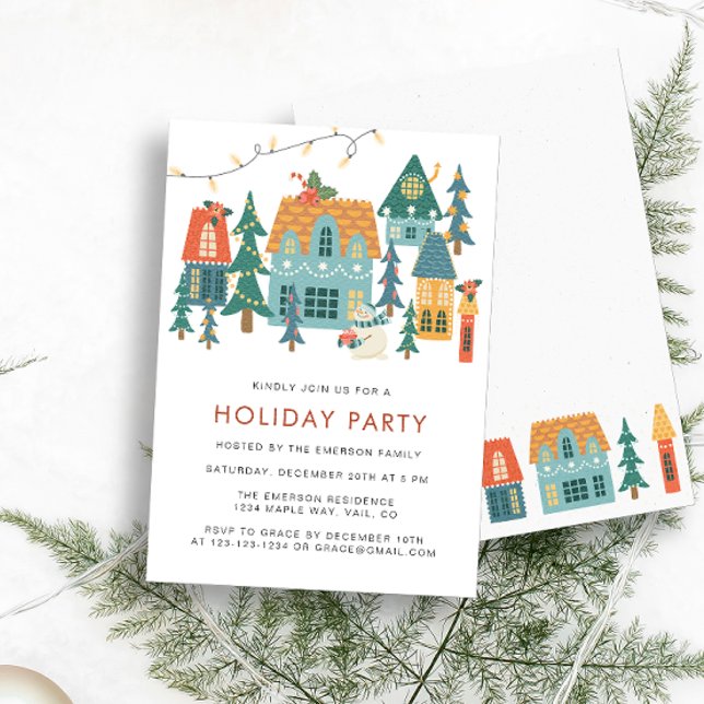 Retro Holiday Weihnachten Party Einladung (Retro Houses Holiday Party Invitation by Painted Paperie)