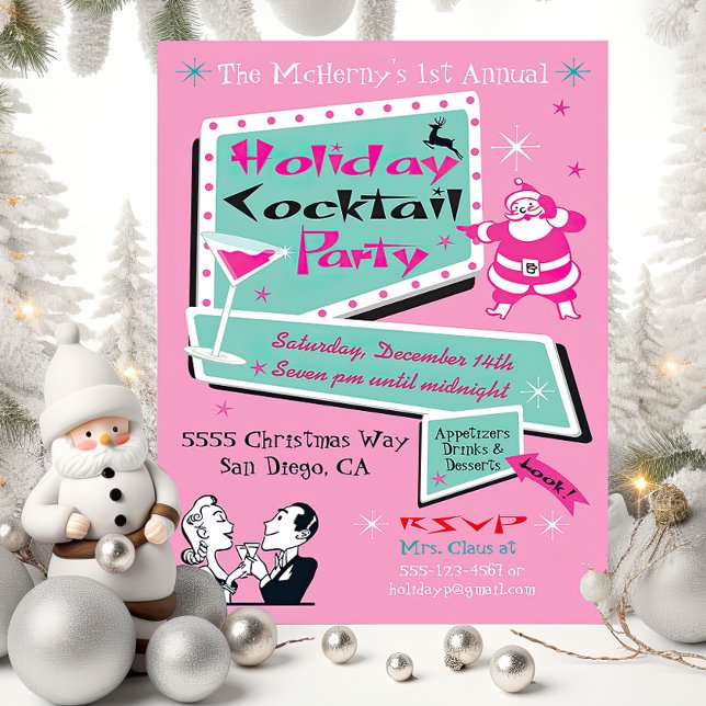 Retro Holiday Weihnachten Pink Party Einladungen (Von Creator hochgeladen)