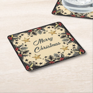 Retro Holly Berries und Evergreen Rechteckiger Pappuntersetzer