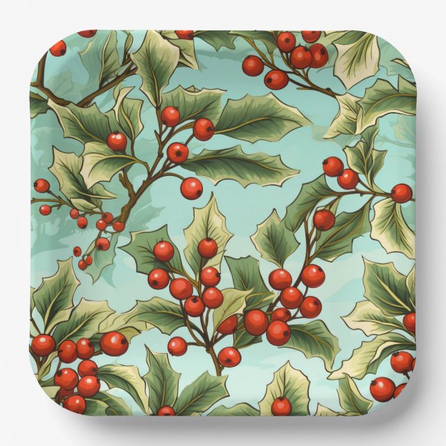 Retro Holly Christmas Large Pappteller (Vorderseite)