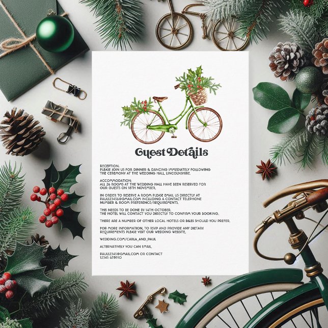 Retro Holly und Ivy Bicycle Wedding Gast Details Begleitkarte (Retro Holly and Ivy Bicycle Wedding Guest Details Enclosure Card)
