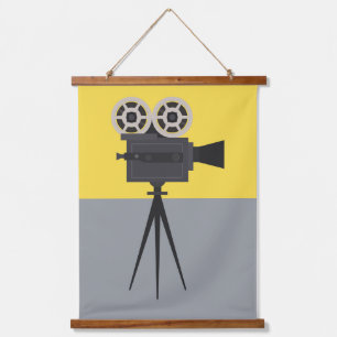 Retro Hollywood Camera Colorblock Wandteppich Mit Holzrahmen