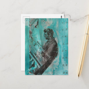 Retro-Holzbearbeitungsmann auf blauem Hintergrund Postkarte
