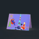 Retro Home for the Holidays Christmas Card Feiertagskarte<br><div class="desc">This customizable Retro Home for the Holidays Christmas Card looks like a scene out of a 1960's television Christmas special. The minimalist design features an attractive cartoon couple in the living room of a mid century modern house. The room prominently features a purple and blue stone wall and a matching...</div>