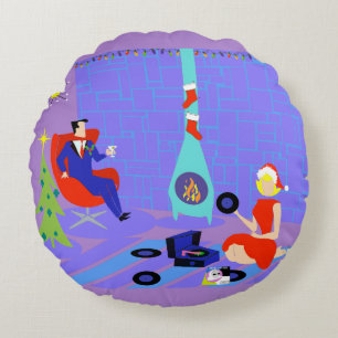 Retro Home for the Holidays Round Coussin