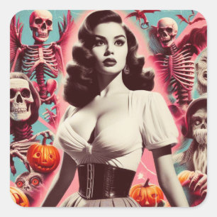 Retro Horror Girl Quadratischer Aufkleber