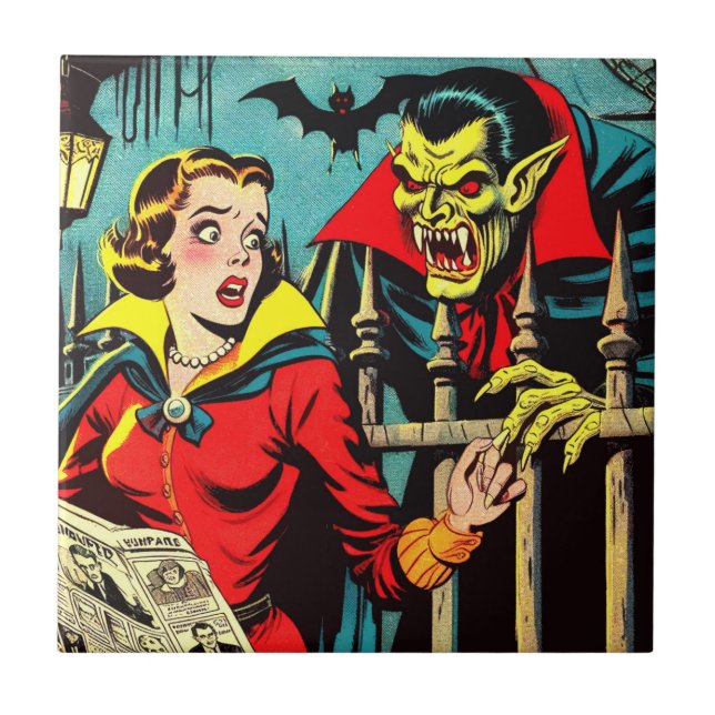 Retro Horror Vampire Comicen Fliese (Vorderseite)