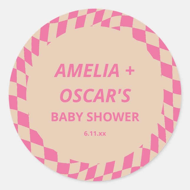 Retro Hot Pink Abstract Checker Custom Baby Shower Runder Aufkleber (Vorderseite)