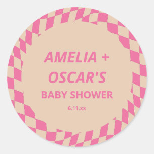 Retro Hot Pink Abstrakter Checker Custom Baby Show Runder Aufkleber