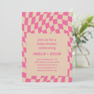 Retro Hot Pink abstraktes Schachbrett-Baby-Party Einladung