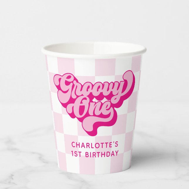 Retro Hot Pink Groovy Ein Schachbrett Pappbecher (Links)