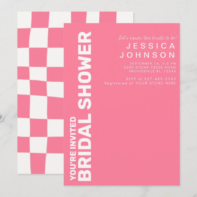 Retro Hot Pink White Checkerboard Brautparty Einladung (Vorne/Hinten)
