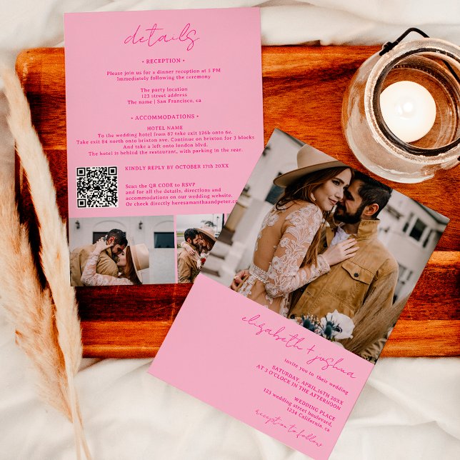 Retro Hot Rosa 4 Foto Qr alle in einer Hochzeit Einladung (Modern black white 4 photo Qr all in one wedding Invitation on retro pink)