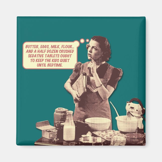 Retro Housefrau Magnet - Rezept für Sleepytime Cak (Vorne)
