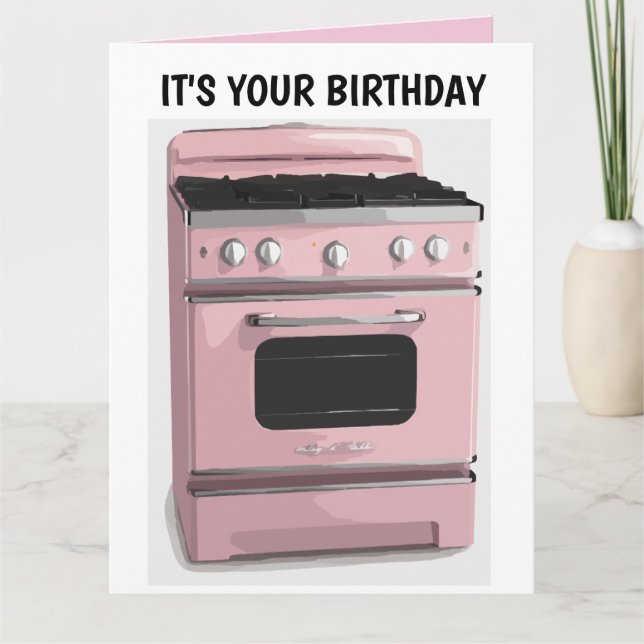 RETRO HOUSEWIFE PINK OVEN GEBURTSTAG große KARTE (Vorderseite)