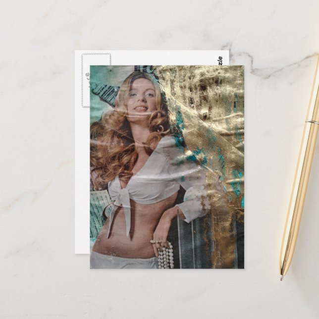 Retro hübsche Blondine mit Perlen Collage Postkarte (Vorderseite/Rückseite Beispiel)