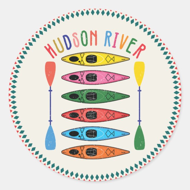 Retro Hudson River Kayaking Runder Aufkleber (Vorderseite)