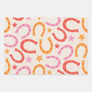 Retro-Hufeisenmuster mit Sternen in Orange-Pink Geschenkpapier Set