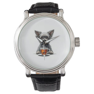 Retro-Hund hält Tee mit Brille Retro-Haustier-Illu Armbanduhr