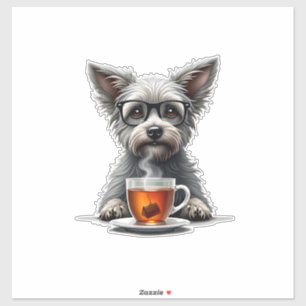 Retro-Hund hält Tee mit Brille Retro-Haustier-Illu Aufkleber