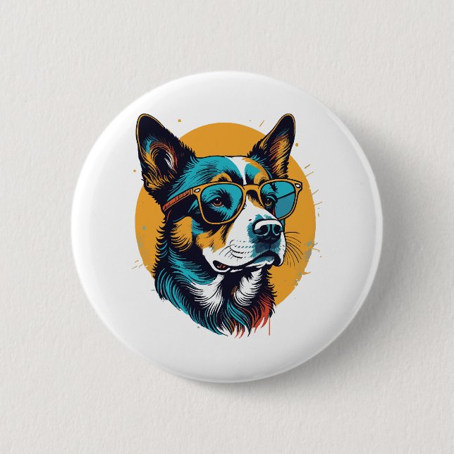 Retro Hund mit Sonnenbrille Button (Vorderseite)