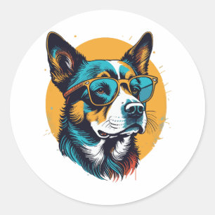 Retro-Hund mit Sonnenbrille Runder Aufkleber