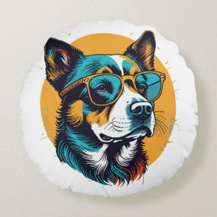Retro-Hund mit Sonnenbrille Rundes Kissen